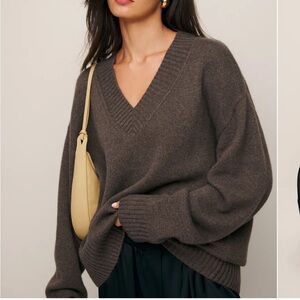 Reformation Chocolate Brown V-Neck Oversized Sweater